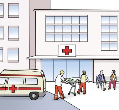 Eingang vom Krankenhaus mit Rettungsdienst und Krankentransport