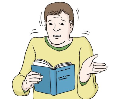 Mann mit Buch in der Hand versteht nicht das Geschriebene